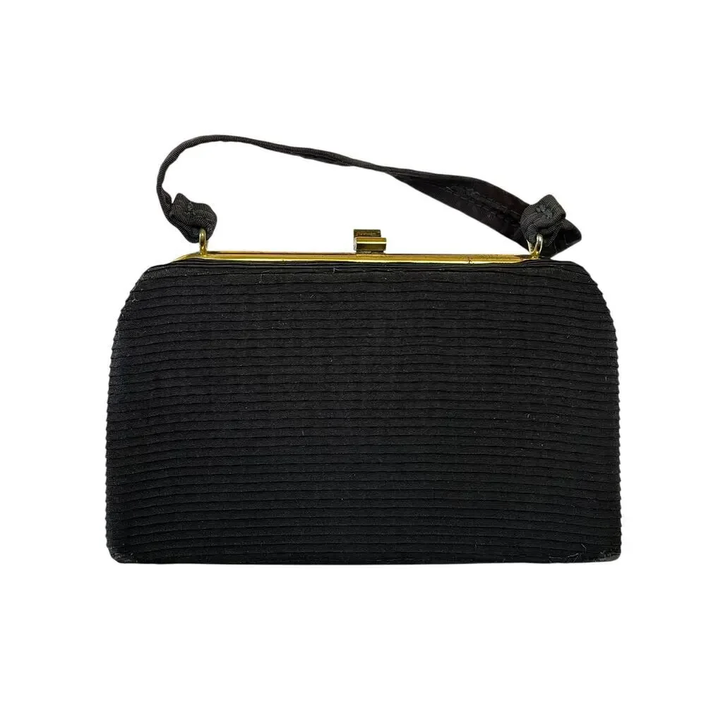 1950s Vintage Black Pleated Faille Top Handle Frame Handbag